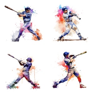 Baseball clipart set of 4,  printable art files Watercolor clipart Baseball prints, Sports art, sublimation wall art, Baseball art V2