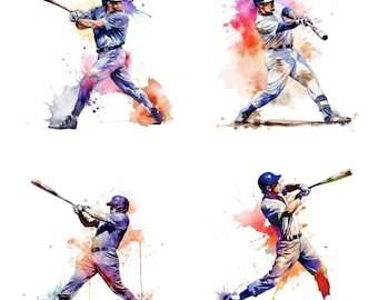 Baseball clipart set of 4,  printable art files Watercolor clipart Baseball prints, Sports art, sublimation wall art, Baseball art V2