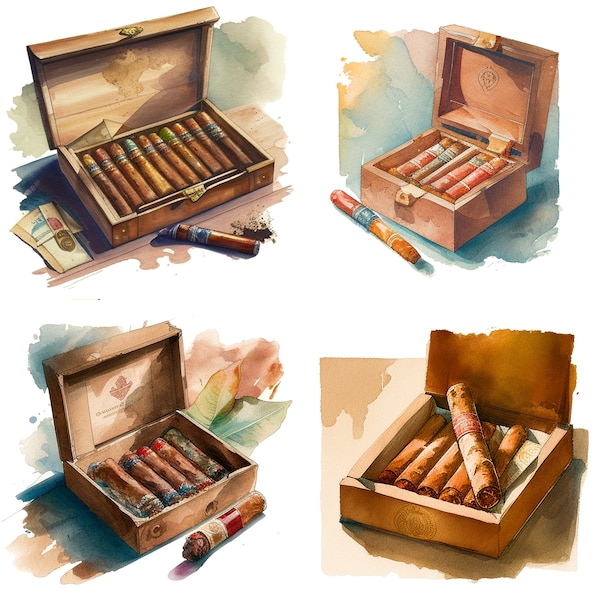 Watercolor Cigar Box Clipart Set of 4 PNG Files - Cigar Lounge Art, Smoking Decor Bar Art, Home Office, Gentleman Art Gifts for Him