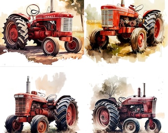 Set of 4 Farmall Tractor Watercolor Clipart Red Tractor Boys Nursery Décor Farm Tractor PNG Commercial Use Farming Vehicle Illustration V1