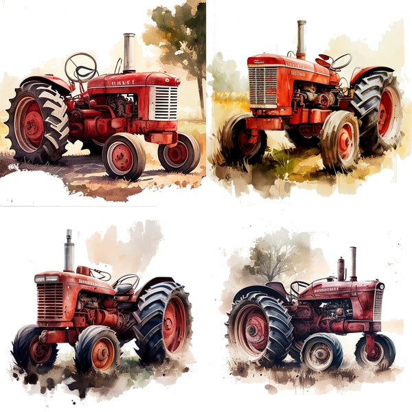 Set of 4 Farmall Tractor Watercolor Clipart Red Tractor Boys Nursery Décor Farm Tractor PNG Commercial Use Farming Vehicle Illustration V1