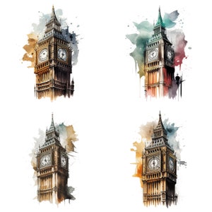 Watercolor Big Ben Clipart PNG set of 4 Files London Travel Sublimation Bundle UK Big Ben England Digital Download  Commercial Use set 1