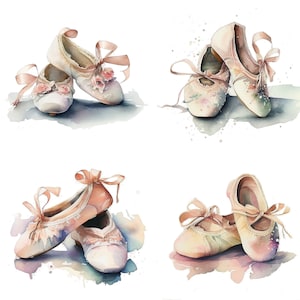 Puede incluir: Cuatro pares de zapatillas de ballet delicadas con cintas de satén rosa. Las zapatillas están pintadas en estilo acuarela con suaves tonos rosados y blancos.