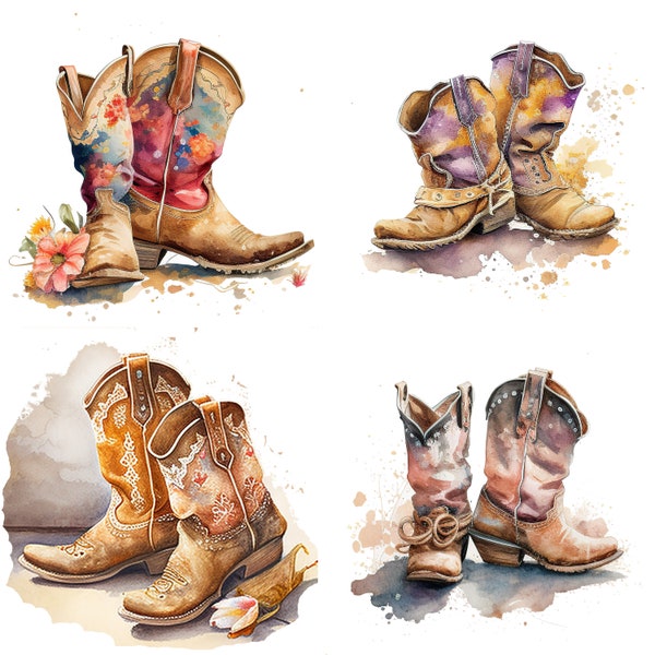 Ensemble de 4 aquarelle petites filles Cowboy bottes PNG fichiers Boho Style rustique petites filles pays chambre Art enfant décor sublimation clipart