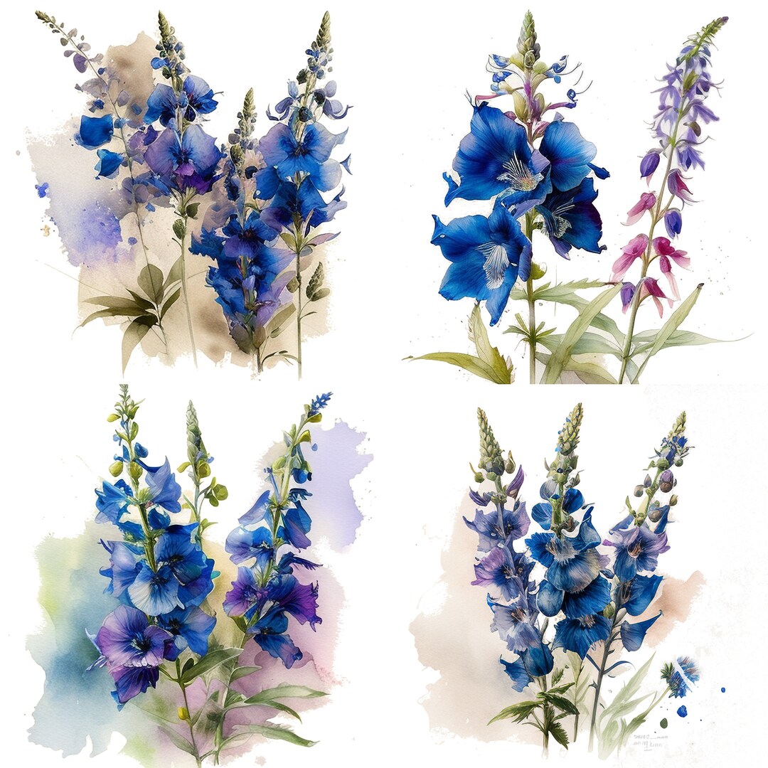 Delphinium Watercolor Clipart Set of 4 Floral Botanical PNG Files ...