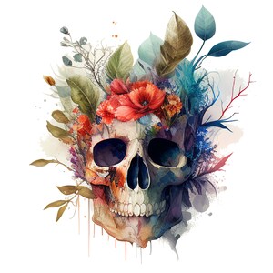 Puede incluir: Una pintura de acuarela de un cr&aacute;neo humano con una corona floral de flores rojas, rosas y azules. El cr&aacute;neo est&aacute; rodeado de un fondo de acuarela con salpicaduras de color.