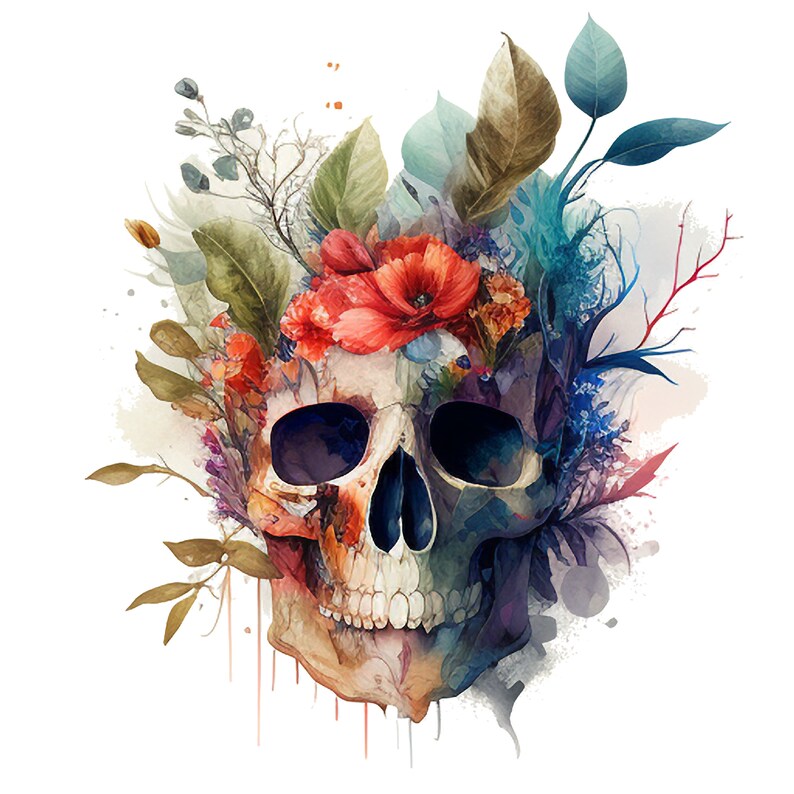 Puede incluir: Una pintura de acuarela de un cr&aacute;neo humano con una corona floral de flores rojas, rosas y azules. El cr&aacute;neo est&aacute; rodeado de un fondo de acuarela con salpicaduras de color.