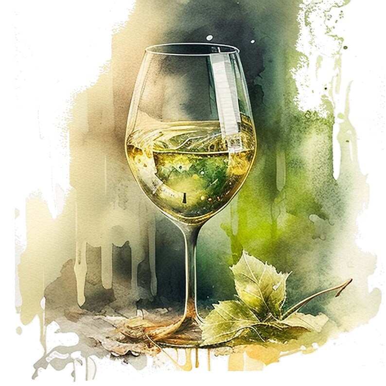 Peut inclure: Un verre de vin blanc avec une feuille verte en arri&egrave;re-plan. Le verre est rempli d'un liquide jaune p&acirc;le et a une tige transparente. L'arri&egrave;re-plan est une peinture &agrave; l'aquarelle de vert et de brun.