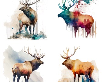 Ensemble de 4 cliparts aquarelle wapiti - téléchargement numérique PNG pour autocollants, tasses, t-shirts et décoration - parfait pour la sublimation des chasseurs d'animaux sauvages