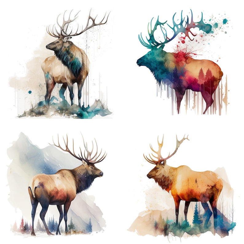 Elk Set of 4 Watercolor Clipart - PNG Digital Download for Stickers ...
