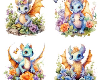Baby Dragon Clipart Akwarela Clipart Fantasy Dekoracja pokoju dziecięcego zestaw 4 plików png Dekoracja pokoju dziecięcego baby shower cyfrowe pobieranie projekt koszulki v1