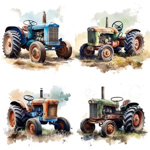 4er Set Alte Traktoren Aquarell Clipart Traktor Jungen Kinderzimmer Dekor Bauernhoftraktor PNG Kommerzielle Nutzung Landwirtschaftliche Fahrzeugillustration V2
