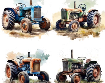 Set of 4 Old Tractors Watercolor Clipart Tractor Boys Nursery Décor Farm Tractor PNG Commercial Use Farming Vehicle Illustration V2