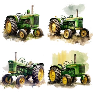 Conjunto de 4 viejos tractores verdes Acuarela Clipart Tractor Niños Vivero Decoración Granja Tractor PNG Uso comercial Campo Agricultura Vida Ilustración V3