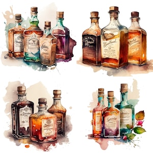 Old Whiskey Bottles Watercolor Clipart - Set of 4 PNG Files for Whiskey Lounge Art, Bar Decor, Stickers, and Gentleman Art Gifts for Him