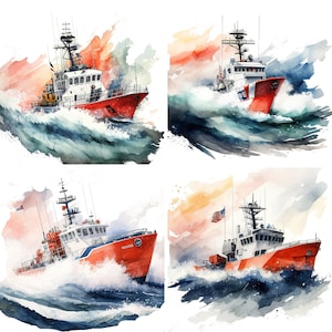 May include: Four watercolor paintings of red and white Coast Guard ships sailing through choppy water. The ships are all different sizes and have different designs. The paintings are all set against a blue sky with white clouds.