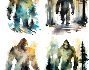 BigFoot Watercolor, Digital Downloads, sasquatch Clipart, Bigfoot PNG, Bigfoot wall art, Bigfoot prints, hiking shirt Sublimation set 1