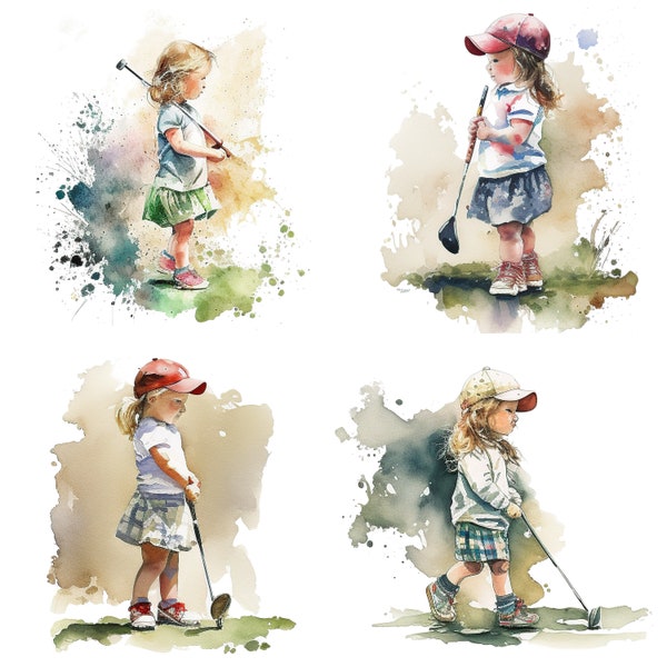 Watercolor little girl Golfer Nursery Art Print Set of 4, Golf Themed Decor, Digital Download Files for Future Golf Pro, Dad Gift Idea set 1
