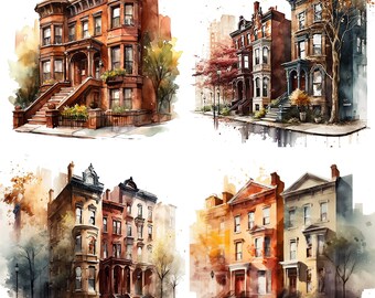 Watercolor New york clipart, brownstone clipart, New York Townhouse, building clipart, house clipart, USA clipart, NYC clipart V1
