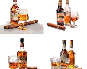 Cigar clipart And Bourbon clipart Watercolor Set of 4 PNG files Cigar Lounge Art, Bar art decor Home Office, Gentleman Art Gifts for him V2