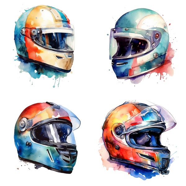 Race Car helmet Watercolor Clipart Set of 4 PNG Files for invitations Digital Download for Stickers, Mugs, shirts and race fan gift ideas V3