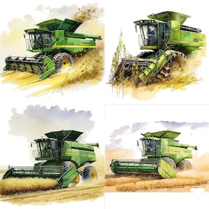 set van 4 groene combineren clipart-bestanden groene trekker aquarel boerderij trekker jongens muur kunst trekker png commercieel gebruik landbouw illustratie v2