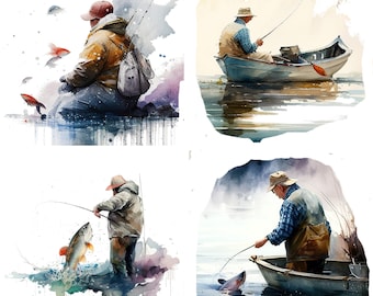 Set of 4 Watercolor Fishing Clipart - Father's Day Fishing, Summer, Camping, Travel - Digital Download art ,Transparent PNG Files