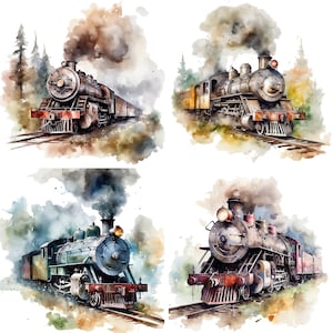 Steam Train Clipart Set of 4 PNG files, Train Sublimation, Steam Engine Choo Choo Train, Watercolor clipart digital download train lover V2