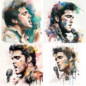 Set of Four Elvis Watercolor Art Prints - Pop Culture Digital Downloads in Png, Jpg, and Sublimation Formats Set 1