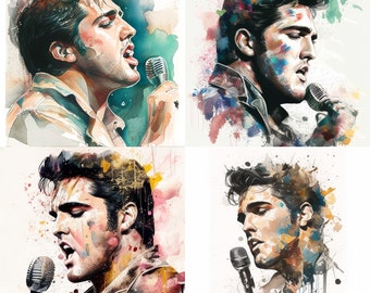 Set of Four Elvis Watercolor Art Prints - Pop Culture Digital Downloads in Png, Jpg, and Sublimation Formats Set 1