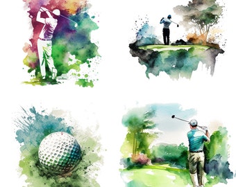 set of 4 Golf watercolor clipart, Golf sublimation, Pro shop Sports clipart, Golf Shirt png, Golf artwork Golf art digital download Set 2