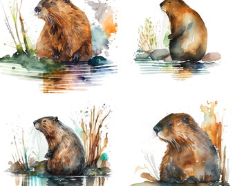 Beaver Set of 4 Watercolor Clipart - Commercial Use PNG Download for Stickers, Mugs, T-Shirts, and Decor - Nature Wildlife Digital Art