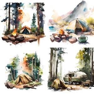 Set of 4 Watercolor Camping Clipart - Camp Life Sublimation - High Quality Digital Download PNG Files