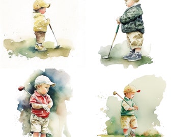 Watercolor Child Golfer Nursery Art Print Set of 4, Golf Themed Decor, Digital Download Files for Future Golf Pro, Dad Gift Idea set 1