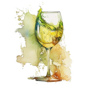 Peut inclure: Une peinture &agrave; l'aquarelle d'un verre de vin blanc avec une &eacute;claboussure de liquide. Le verre est sur un fond d'aquarelle brun et vert.