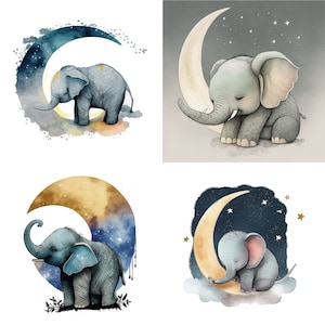 Aquarelle bébé éléphant, croissant de lune non sexiste Clindrens Nursery décor tout-petit espace thème clipart Art de sublimation numérique lot 1