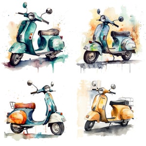 Set of 4 watercolor Retro Vespa motorbike clipart PNG digital download files sublimation scrapbooking art print mugs t-shirts and gift decor