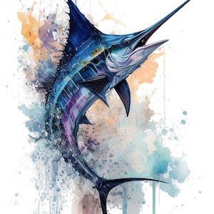 ブルーマーリン魚水彩海水魚クリップアートブルーマリン釣りPNG商用利用水彩イラスト釣り魚プリントセット1