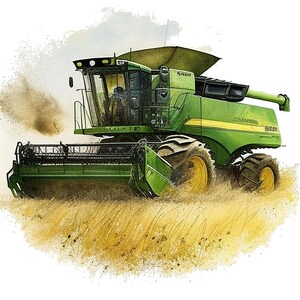 Set of 4 Green Combine Clipart Files Harvester Tractor Watercolor Farm