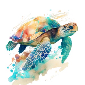 Peut inclure: Une peinture &agrave; l'aquarelle d'une tortue de mer nageant dans l'oc&eacute;an. La tortue est peinte dans des tons de bleu, de vert et de brun, avec des &eacute;claboussures de peinture jaune et orange autour d'elle.