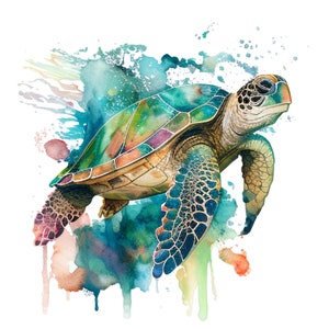 Peut inclure: Une peinture &agrave; l'aquarelle d'une tortue de mer nageant dans un oc&eacute;an bleu turquoise. La tortue a une carapace verte avec des marques brunes et orange. La peinture est entour&eacute;e d'&eacute;claboussures de peinture bleue, verte et orange.