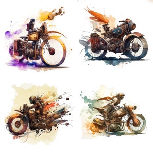 Conjunto de 4 arquivos de clipart PNG de motocicleta Steampunk em aquarela Arquivos de motocicleta de fantasia para impressão por sublimação Steampunk para scrapbooking v1