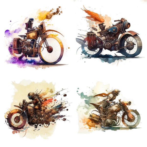 Set of 4 Watercolor Steampunk Motorcycle PNG clipart files Steam punk Sublimation Printable Fantasy motorcycle files for scrapbooking v1