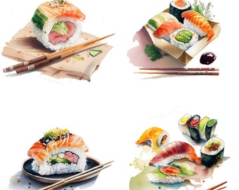 Peut inclure: Quatre arrangements différents de rouleaux de sushi sur fond blanc. Les rouleaux de sushi sont faits avec divers ingrédients, dont du saumon, du thon, de l'avocat et du concombre. Les rouleaux sont servis sur des assiettes, dans un récipient à emporter et sur un morceau de papier sulfurisé. Les sushis sont accompagnés de baguettes et de sauce soja.