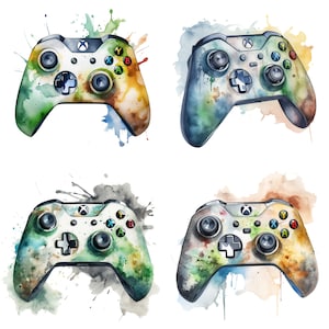 Clipart ad acquerello per controller di gioco - Set di 4 PNG di alta qualità - Download digitale - Creazione di biglietti, tecniche miste, artigianato digitale con carta