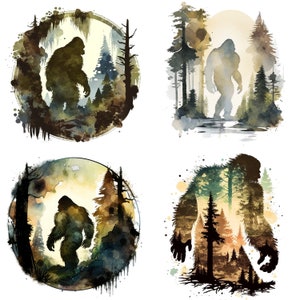 Set of 4 Bigfoot Watercolor Clipart PNG files, Digital Downloads for Sasquatch Wall Art, Sublimation, Bigfoot Prints, Yeti Hiking Shirts V3