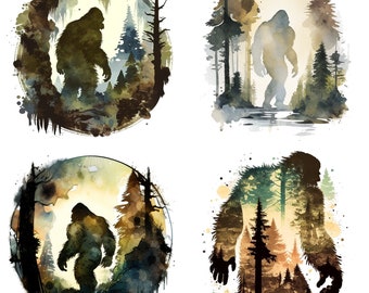 Set of 4 Bigfoot Watercolor Clipart PNG files, Digital Downloads for Sasquatch Wall Art, Sublimation, Bigfoot Prints, Yeti Hiking Shirts V3