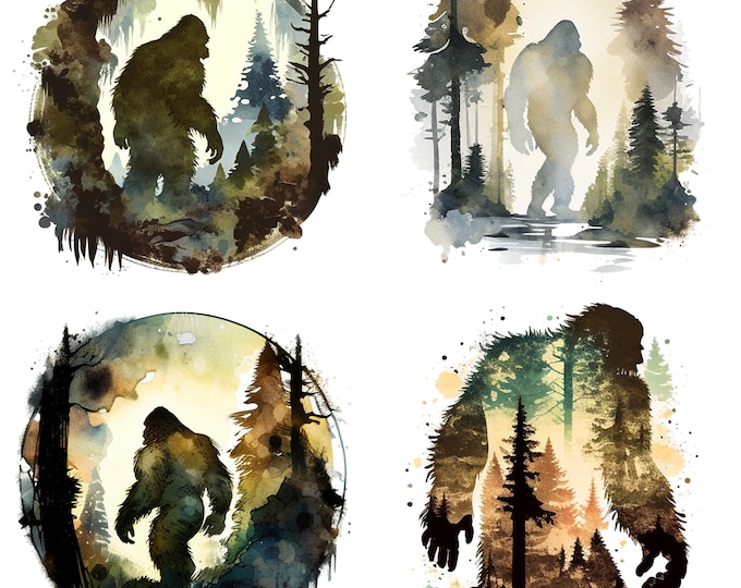 Set of 4 Bigfoot Watercolor Clipart PNG Files, Digital Downloads for ...