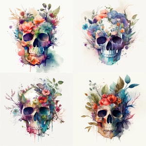 Clipart del teschio floreale dell'acquerello, PNG di sublimazione, grafica di alta qualità Giorno del download del file di disegno di Halloween arte stampabile morto