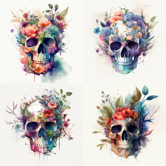Watercolor Floral Skull Clipart, Sublimation PNG, High-Quality Graphic Design Day of the dead printable art halloween design file download